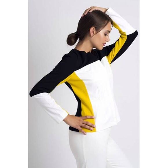Buchanan Kang Colorblock Zip Jacket Black White Yellow Collarless Cotton, Size 4 - Picture 1 of 12